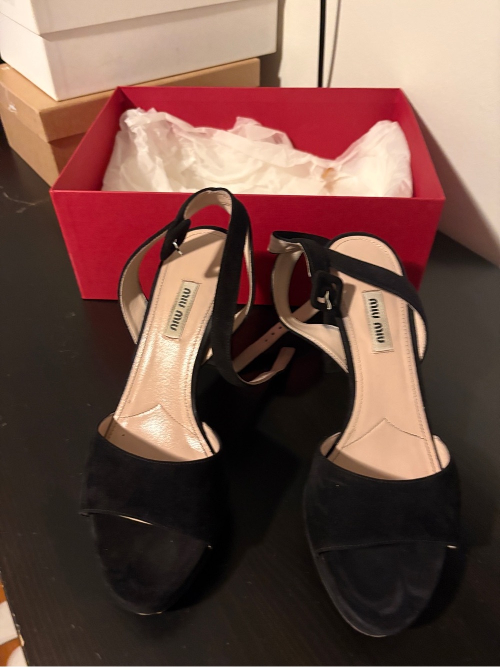 Miu Miu Black Suede Slingback Open-Toe Heels